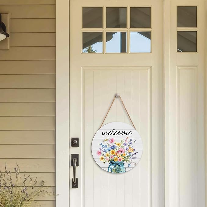 Harooni Spring Summer Welcome Door Sign for Front Door Spring Mason Jar Flowers Door Hanger Sign Wildflower Butterfly Wood Wreath Farmhouse Front Wreaths for Porch Wall Indoor Home Decor 12"x12"