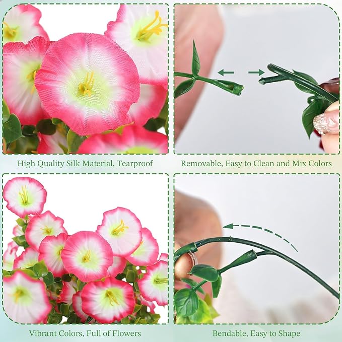 Artificial Hanging Flowers for Outdoors, 6 PCS Silk Morning Glory Artificial Flowers with Eucalyptus Leaves, UV Resistant Fake Flower Realistic Faux Plants for Home Patio Porch Garden, White+Pink