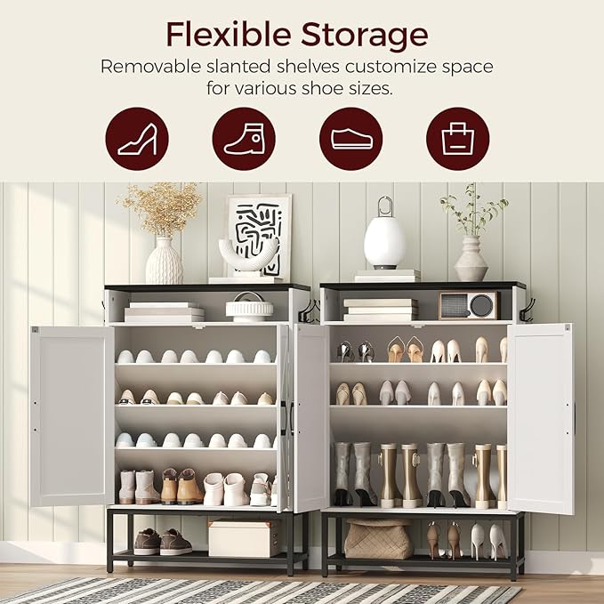 Shoe Storage Cabinet, Farmhouse Shoe Cabinet for Entryway, 6-Tier Shoe Organizer with Doors and Shelves, Narrow Hidden Freestanding Shoe Rack Cabinet for Entrance, White and Black SHHW9501