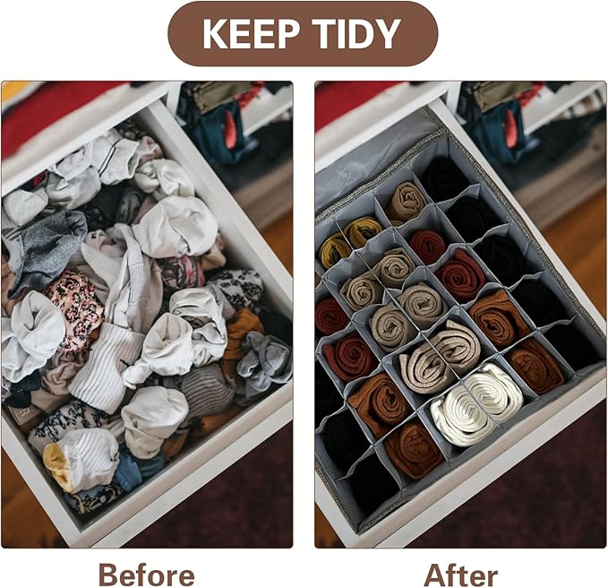 PINGMIC Gray Sock Organizer Divider 4 Pack with Lid - 30 Cell Foldable Closet Storage, Tie Organizer For Men Boxes for Socks, Ties, Belts