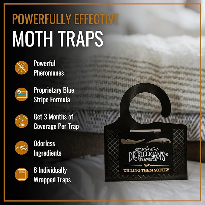 Dr. Killigan's Premium Clothing Moth Traps with Pheromones Prime | Non-Toxic Clothes Moth Trap with Lure for Closets & Carpet | Moth Treatment & Prevention | Case Making & Web Spinning (Black)