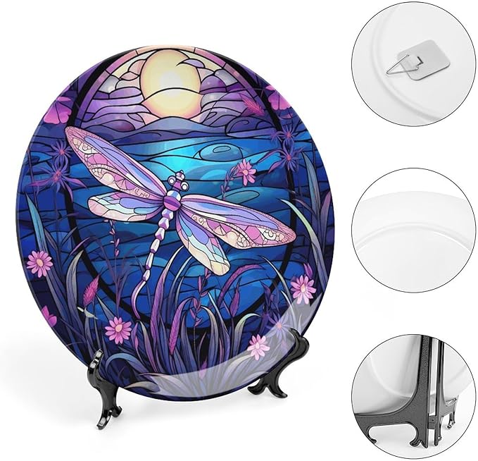 Decorative Plates for Home Decor, Bright Color Dragonfly Purple Stained Glass Print Decor Tray for Table Display, Ceramic Dinner Plate W/ Stand, Living Room Decor, Gifts for Dragonfly Lover, 6 Inch