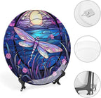Decorative Plates for Home Decor, Bright Color Dragonfly Purple Stained Glass Print Decor Tray for Table Display, Ceramic Dinner Plate W/ Stand, Living Room Decor, Gifts for Dragonfly Lover, 6 Inch