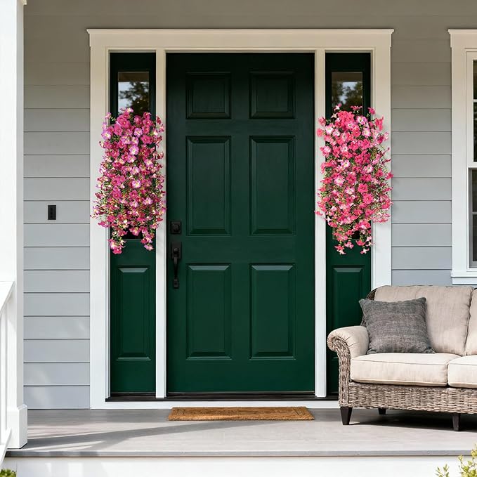 Artificial Fake Hanging Flowers Plants for Outdoor Spring Decoration,2 PCS Faux Silk Morning Glory with Eucalyptus Leaves,UV Resistant Realistic Trailing Vines for Balcony Porch Patio Yard Garden