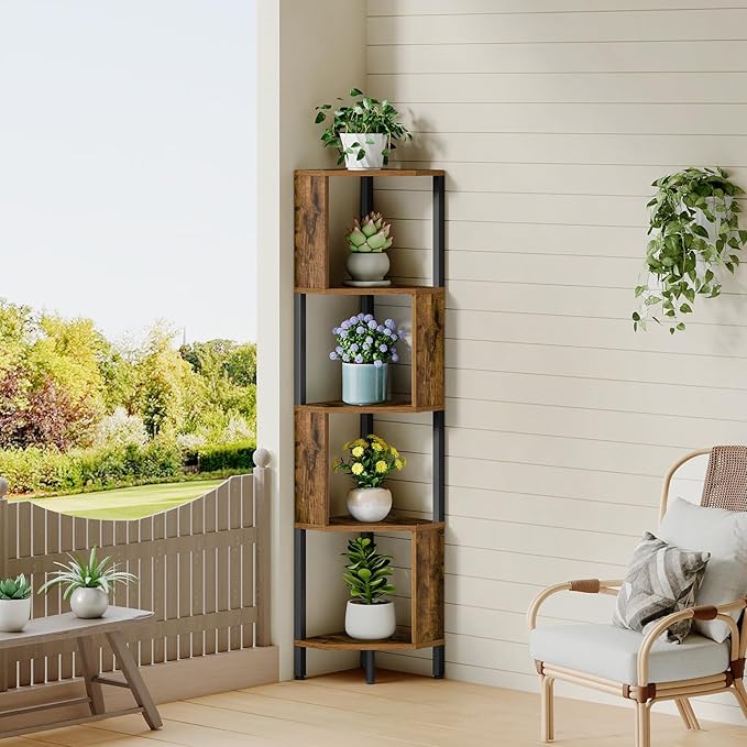 YATINEY 5-Tier Corner Shelf, Industrial Corner Storage Stand, Corner Bookshelf with Metal Frame, Freestanding Corner Shelf Stand for Living Room, Study, Bedroom, Rustic Brown and Black CJ11BR