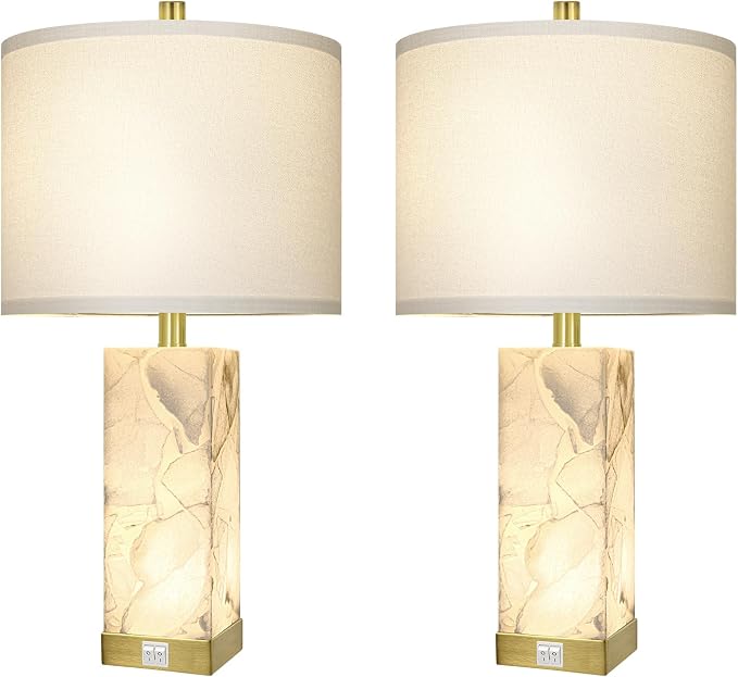 Scenekoy 23" Alabaster Table Lamps Set of 2 for Living Room Bedroom, Bedside Lamps with USB A+C Ports, Modern Table Lamp with Linen Shade for Living Room Bedroom Nightstand (Bulbs Included)