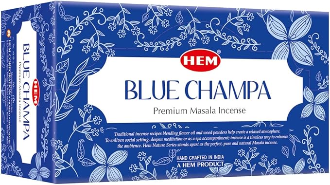 HEM Premium Blue Champa Masala Incense Sticks | Pure Herbs, Wood Powder | Aromatherapy Incense for Stress Relief, Air Purifier & Cleansing | Gift Set - Pack of 12 (15 GMS Each)