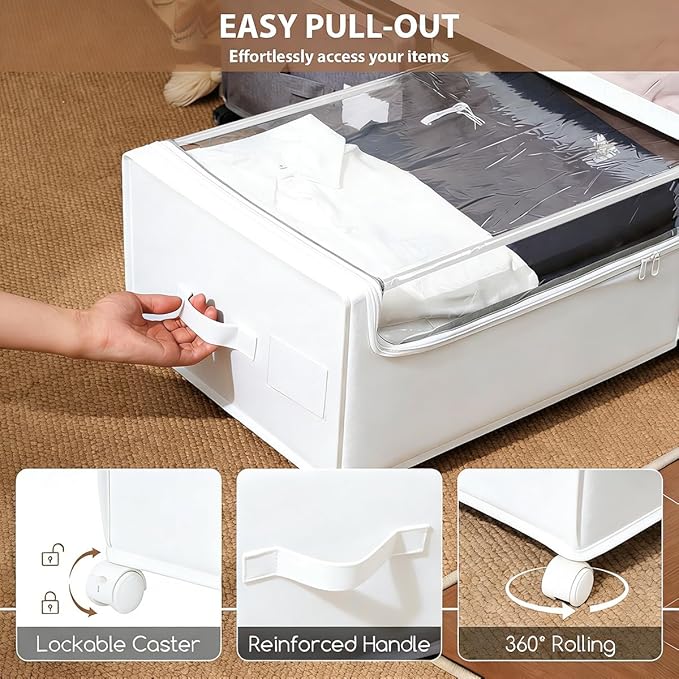 Under Bed Storage with Wheels, Rolling Under bed Storage with Metal Frame, Under Bed Shoe Storage for Space Saving, Zippered Clear Lid, Heavy-Duty Steel Base for Clothes, White,4XL 90L