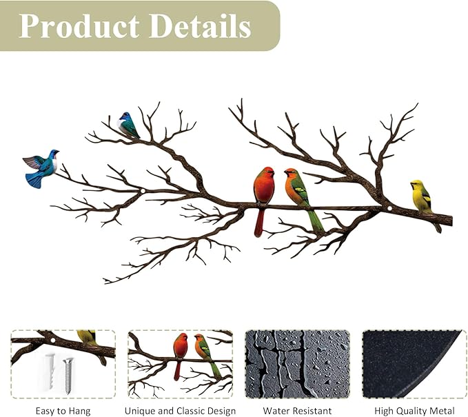ESTART Metal Birds Wall Art, Metal Vivid Birds on Branch Silhouette Wall Decor Black Leaves with Bird Outdoor Hanging Wall Sculpture for Home Balcony Garden (Vintage Color, Small)
