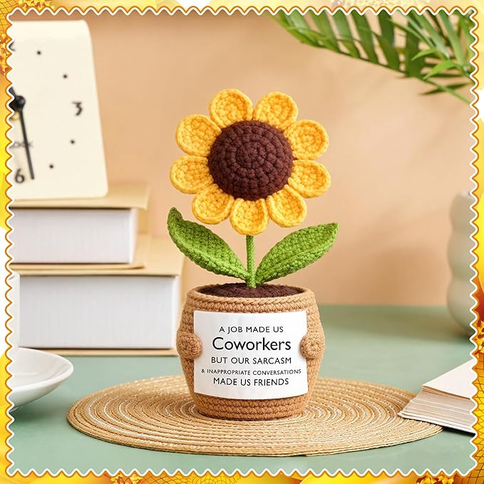 Wavwavw Coworker Leaving Gifts for Women Men, Positive Flower Doll Crochet with Card Funny Farewell Going Away Goodbye Gifts for Coworkers Employee Teacher Friends Retirement(Modern Style)