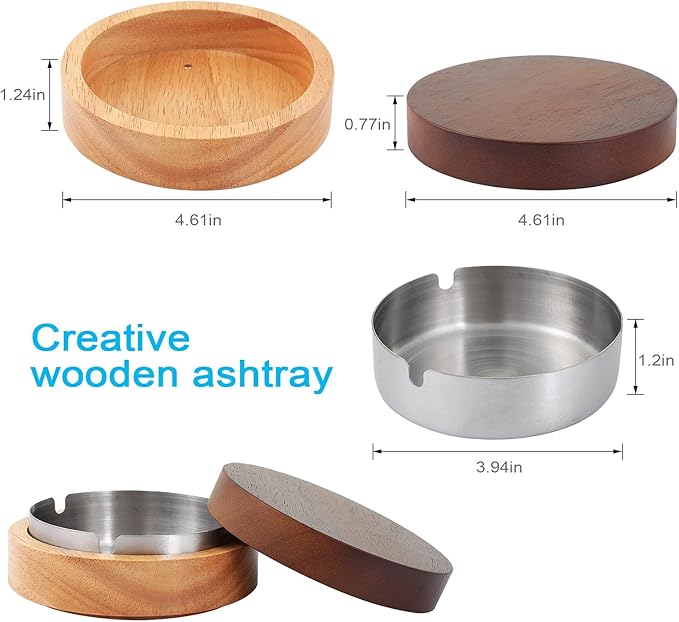 Cute Ashtrays for Cigarettes Outdoor Patio Ash Tray with Lid FriyGardcn Wooden Ashtray with a Stainless Steel Portable Decorative Ash Tray for Home,Office,Indoor,Parties