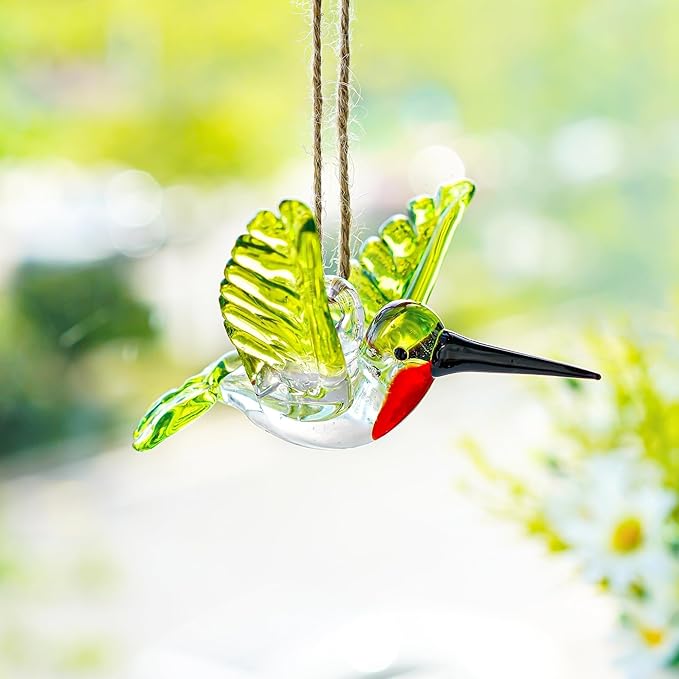 Hummingbird Stained Glass Ornaments Hand Blown Glass Bird Animal Collectible Decorative Hanging Hummingbird Suncatcher for Tree Window Garden