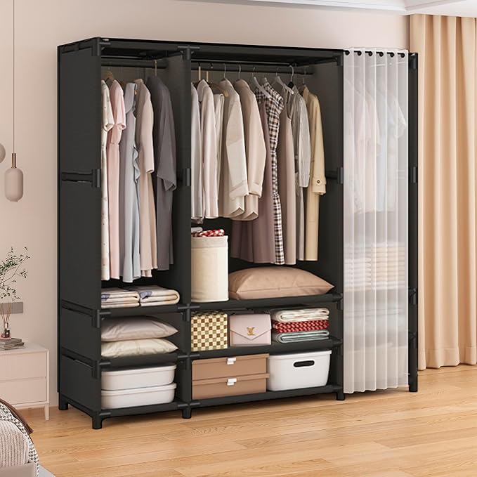 Portable Closet,Portable Closets for Hanging Clothes,Japanese Style Wardrobe with 3 Hanging Rods,9 Storage Shelves,56.2" L x 17.7" W x 65.1" H,Black