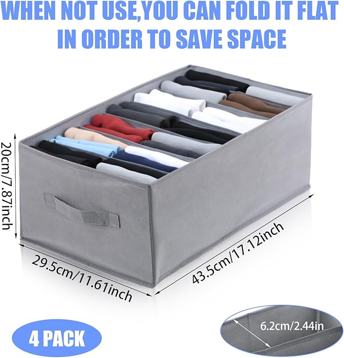 4 PCS Jean Organizer for Closet, 7 Grids Foldable Wardrobe Clothes Organizer, Stackable Fabric Closet Organizers and Storage for T Shirt Jean Sweater Shirt Pants