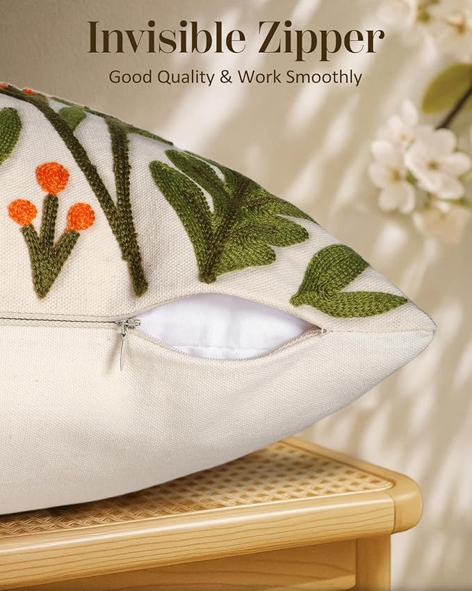 Embroidered Lumbar Pillow Cover 20x12 Inch - Spring Summer Boho Decorative Pillow Cover with Zipper for Living Room Couch Sofa Bed Aesthetic Design Flower Cluster Cushion Pillowcase