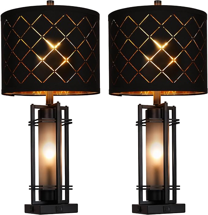 Modern Table Lamp Set of 2, Nightstand Lamps with Black Grid Shade, Bedside Lamps with USB A+C Charging Ports, Decorative Table Lamp, Square Base, Desk Lamps for Living Room, Bedroom, 2 Bulbs Included