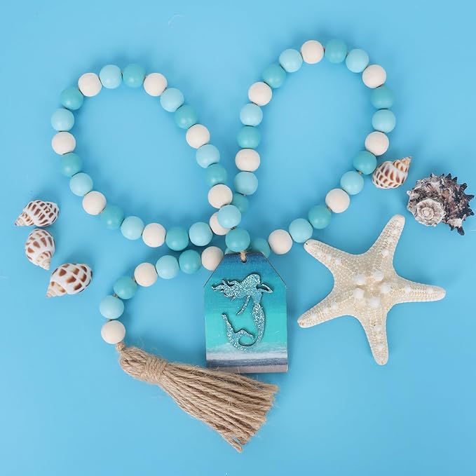 Meplait Wood Bead Garland, Coastal Tassel Garland with Mermaid Tag Beach Farmhouse Decor for Tiered Tray Table Centerpiece Wall Home Decoration