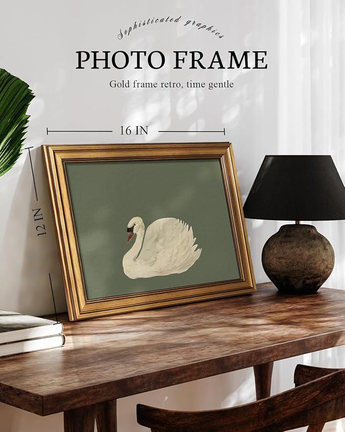 VIYYIEA Vintage Gold Framed Wall Art for Living Room, Swan Canvas Prints Home Decor, Oil Painting Picture, Bedroom Wall Decor Gifts for Friends or Family -【Swan Green】-(16L x 12W)