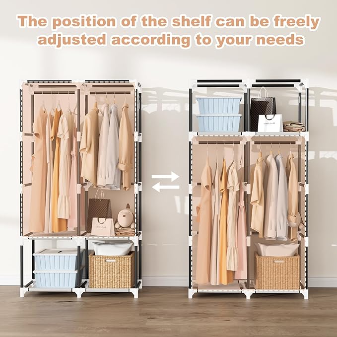 Portable Closet for Hanging Clothes, Portable Wardrobe Closet with Cover, 4 Storage Shelves, 2 Hanging Rods and 8 Side Pockets, Easy Assembly and Sturdy Free Standing Closet for Bedroom, White