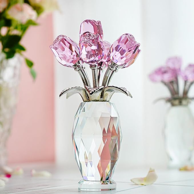 H&D HYALINE & DORA Pink Crystal Rose Bouquet Figurine,Handmade Rose Flower Gifts for Mom Gifts for Women,Glass Flower Collectible Ornament Home Table Wedding Decor