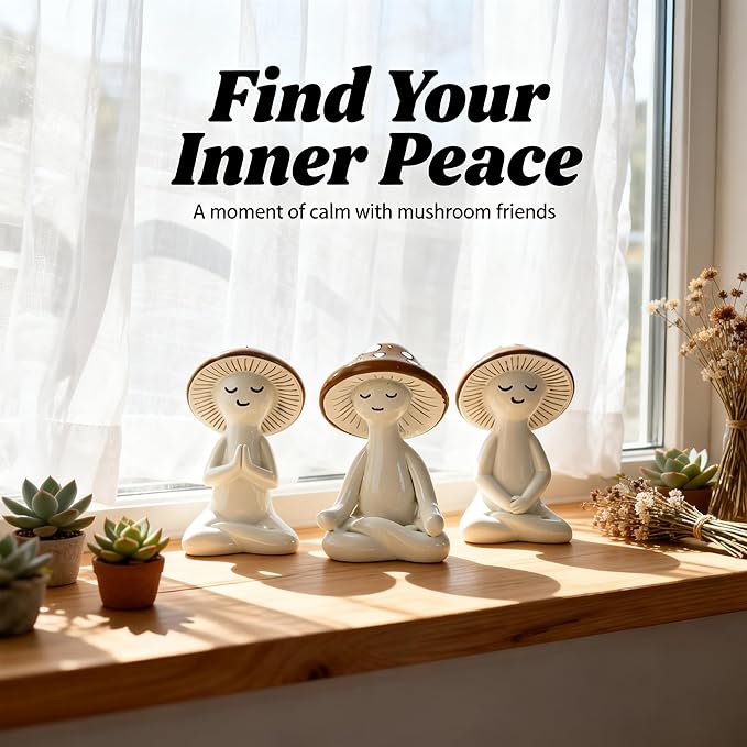 3 Pcs Mushroom Decor Figurines - Meditation Decor Statues for Living Room, Bedroom, Office - Resin Sculptures for Mindfulness Enthusiasts Home Decor Lovers Nature Lovers (White-Brown)