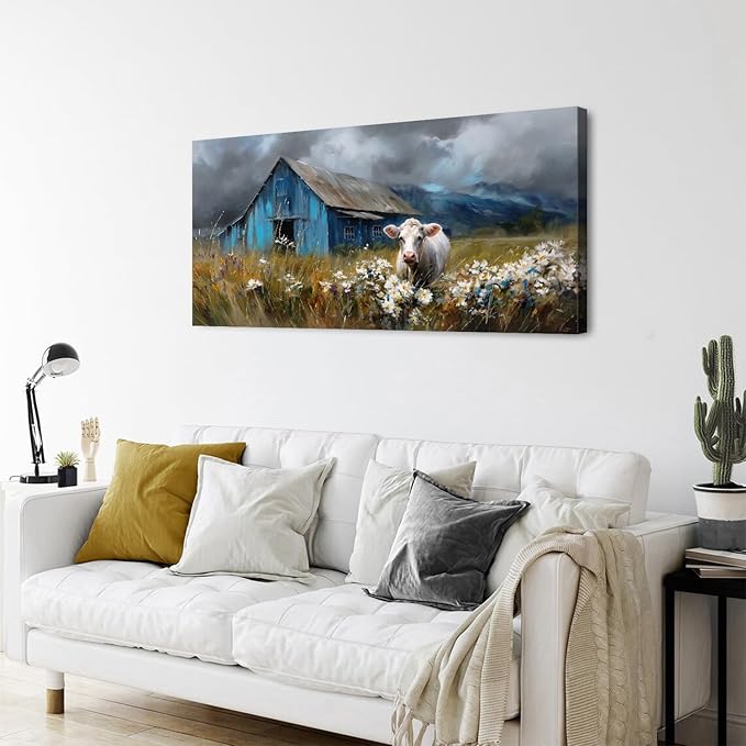 AIYISU Farmhouse Cow Wall Art Rustic Barn Landscape Pictures Wall Decor Blue Barn Wildflower Field Canvas Prints Country Farm Animal Artwork for Living Room Dining Room Bedroom Home Decoration 24x48