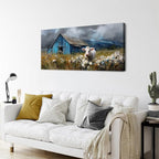 AIYISU Farmhouse Cow Wall Art Rustic Barn Landscape Pictures Wall Decor Blue Barn Wildflower Field Canvas Prints Country Farm Animal Artwork for Living Room Dining Room Bedroom Home Decoration 24x48