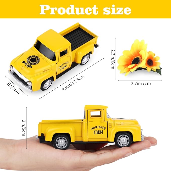 Sunflower Vintage Metal Truck Mini Metal Farm Truck Decor with Sunflower Bouquet Farmhouse Rustic Pickup Tiered Tray Decor for Home Kitchen Shelf Table Decor Yellow