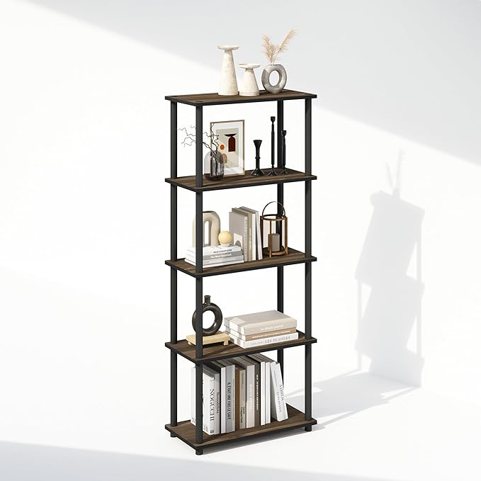 Furinno Turn-N-Tube Book Shelf, 5-Tier Bookshelf, Bookcase with Multipurpose Compact Display Rack, 11.6 x 23.6 x 57.4, for Living Room, Bedroom, Home Office, Columbia Walnut/Black