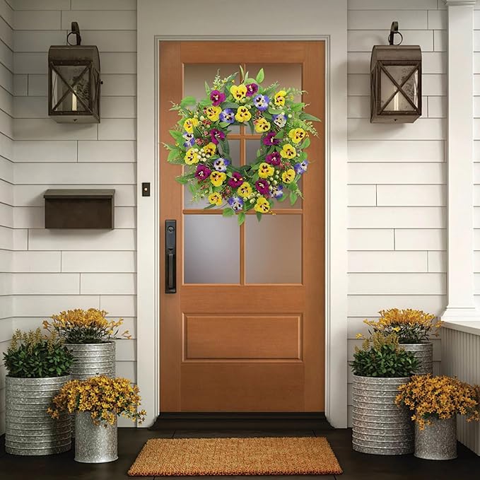 22 Inch Artificial Spring Summer Wreaths for Front Door,Pansy Flower Wreath with Eucalyptus Leaves,Berries,Ferns for Indoor Outdoor Wall Porch Festival Farmhouse Home Holiday Decor.