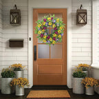 22 Inch Artificial Spring Summer Wreaths for Front Door,Pansy Flower Wreath with Eucalyptus Leaves,Berries,Ferns for Indoor Outdoor Wall Porch Festival Farmhouse Home Holiday Decor.