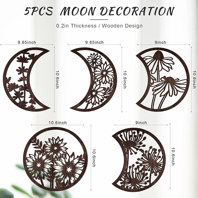 Jetec 5 Pcs Moon Phase Wall Art Decor Wall Pediments Hanging Wooden Phase Spiritual Bedroom Nordic Boho Lunar Aesthetic Art for Living Room Dorm Apartment Ornament(Brown)