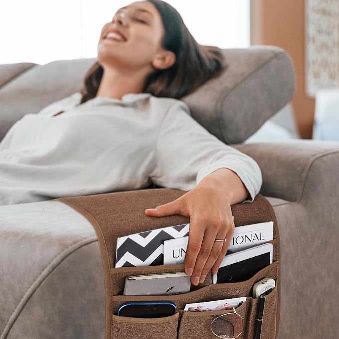 Teniux Remote Control Holder Armchair Caddy for Recliner Couch, Non-Slip Armrest Organizer with 5 Pockets for Magazine, Tablet, Phone, iPad (Brown)