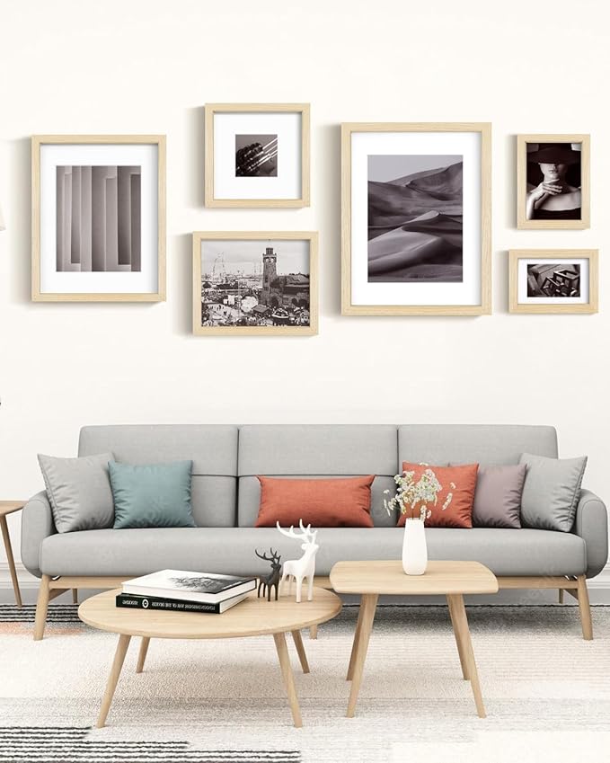 Egofine 11x14 Picture Frames Set of 4, Made of Solid Wood Covered by Plexiglass 5x7 and 8x10 with Mat or 11x14 without Mat, for Table Top Display and Wall Mounting Photo Frame Oak Wood