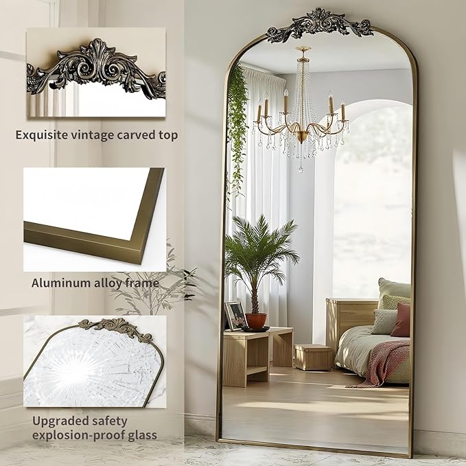 Dewfig Arched Full Length Mirror, 71"x32" Full Body Mirrors with Carved, Floor Mirror for HomeDecor, Standing/Halling Large Wall Mirror for Bedroom, Living Room, Cloakroom, Bronze, Retro Style