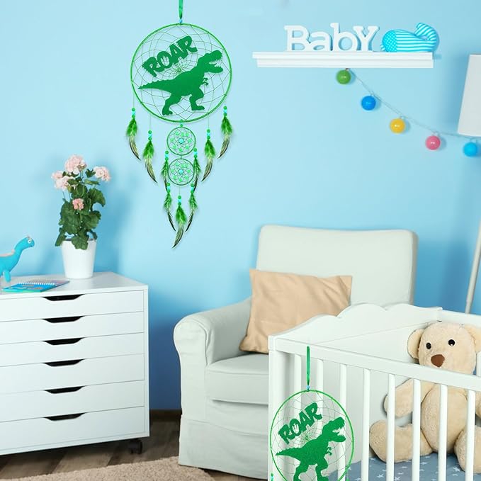 Dinosaur Dream Catcher Kit for Kids Dino Feather Dreamcatcher Dinosaur Wall Hanging Decor with Triple Ring DIY Feather Dream Catcher Gifts for Home Nursery Boys Girls Toddler Baby Room Bedroom Decor