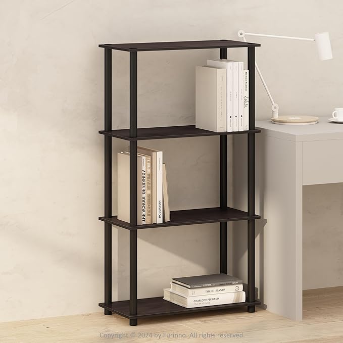 Furinno Turn-N-Tube Book Shelf, 4-Tier Bookshelf, Bookcase with Multipurpose Compact Display Rack, 11.6 x 23.6 x 43.2, for Living Room, Bedroom, Home Office, Dark Walnut