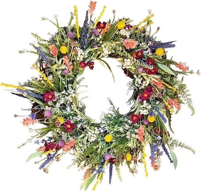 20 Inch Summer Wreaths for Front Door, Artificial Daisy Wildflower Lavender Front Door Wreath Spring,Green Eucalyptus Wreath for Window Wall Farmhouse Home Decor Porch Outdoor