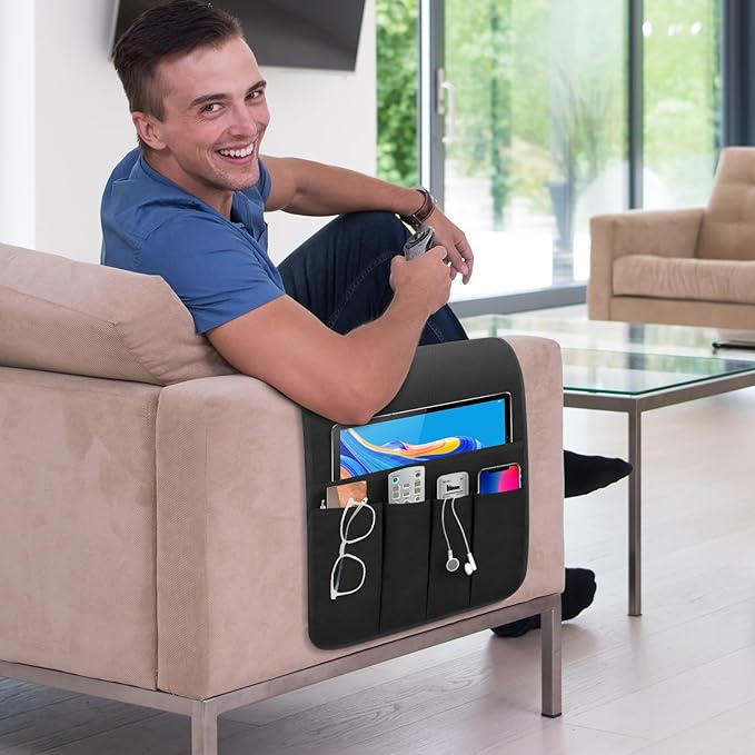 Non-slip Couch Organizer Armchair Caddy, Oxford TV Remote Control Holder Bedside Caddy with 5 Pockets for Key Glasses Phone Magazine Holders.
