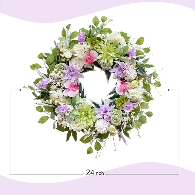 24 Inch Spring Wreath for Front Door, Artificial Spring Summer Floral Wreath with Dahlia Hydrangea Orchid for Home Wall Wedding Festival Indoor Outdoor Decor