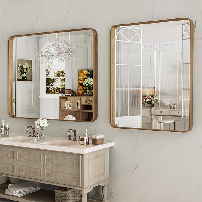 LOAAO 40X24 Inch Bathroom Mirror with Wood Grain Colored Metal Frame, Rounded Rectangle Metal Framed Bathroom Mirror, Anti-Rust, Hangs Horizontally or Vertically