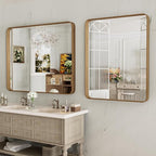 LOAAO 40X24 Inch Bathroom Mirror with Wood Grain Colored Metal Frame, Rounded Rectangle Metal Framed Bathroom Mirror, Anti-Rust, Hangs Horizontally or Vertically
