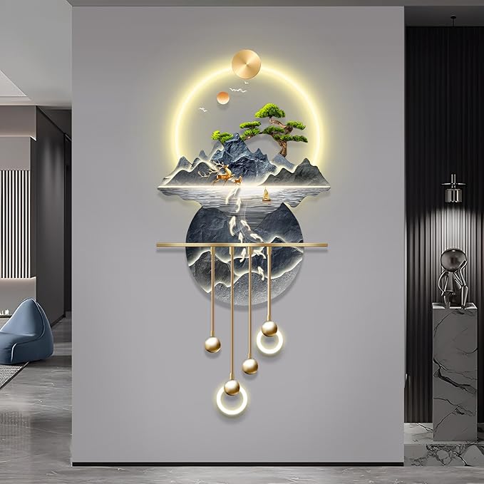 Wall Sculptures 3D Wall Art Decor Landscape Painting Wall Hanging Art with Led Light for Living Room Entrance Corridor (Stylle E)