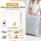 Vacuum Storage Bags with Electric Pump,8 Extra Large Jumbo storage Space Saver Bags (40x31 Inch) for Bedding,Comforters,Blankets,Clothing,Pillows,Jackets,Coats,Vacuum Seal Bags for clothing