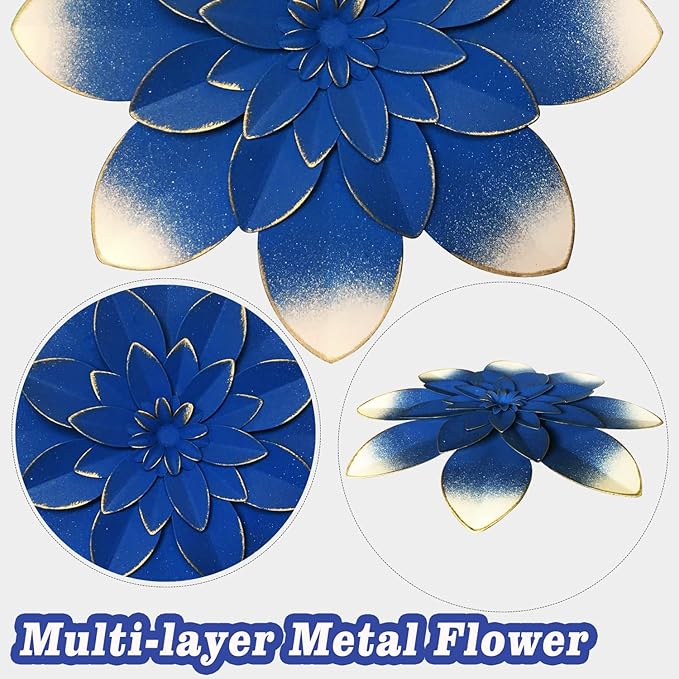 Dark Blue Metal Flower Wall Art Decor, 9.5“ Rustic Modern Floral Sculpture, Distressed Iron Wall Hanging Home Decoration Accent Artworks for Indoor Kitchen Bedroom Living Room Office Outdoor Garden