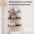 Corner Shelf Wall Mounted, Set of 3 Corner Floating Shelves with Cord Hole and Guardrail for Cable Box, Baby Monitor Pet Cameras, Speaker, Nursery Kitchen Living Room Bathroom, Dark Brown