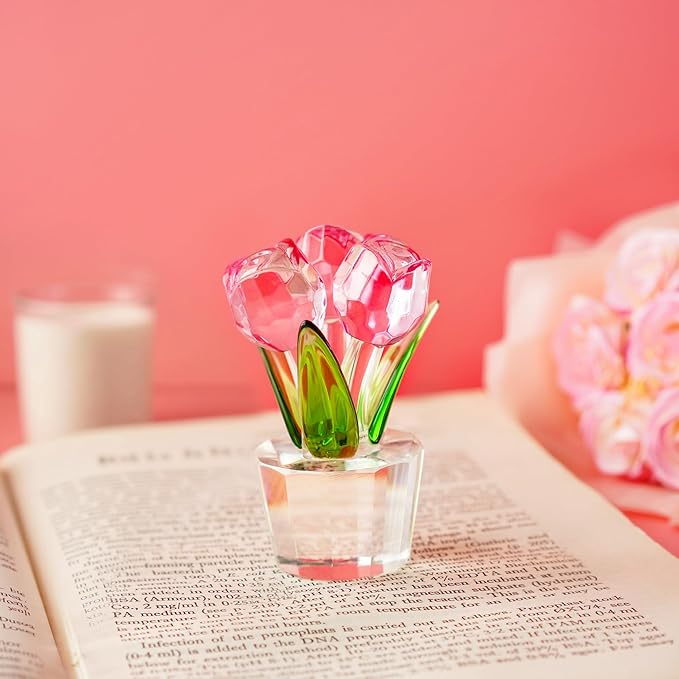 3.2 * 2in Crystal Pink Rose Flower Figurine Romantic Gifts for Wife Girlfriend Mom on Birthday Wedding Home Decorations