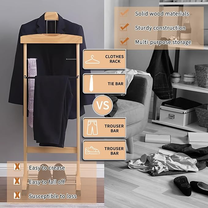 Suit Valet Stands for Women and Men Wooden Suit Valet Stand with Contour Hanger Trouser Bar and Top Storage Tray Contour Hanger Chair Valet for Entryway Bedroom(B)