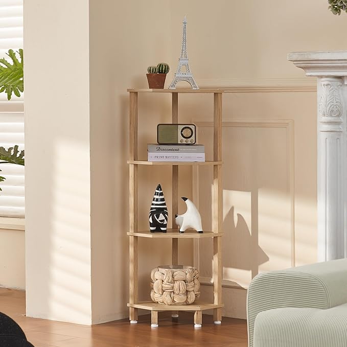 YUFAM 4-Tier Corner Shelf with Sturdy 5-Leg Base, Wooden Corner Bookshelf for Small Spaces, Corner Standing Shelf for Living Room, Bedroom, Bathroom, Natural