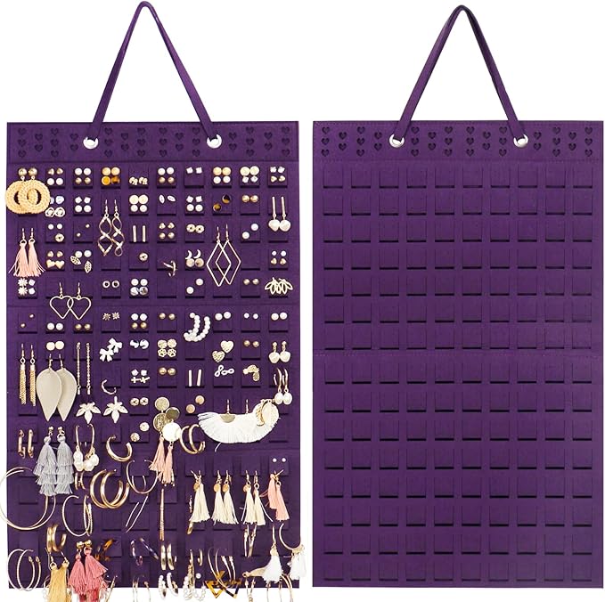 Hanging Earrings Organizer, Wall Earring Holder with 2 Hooks, Holds Up To 300 Pairs, Compact Design, Soft Material-Dark Purple